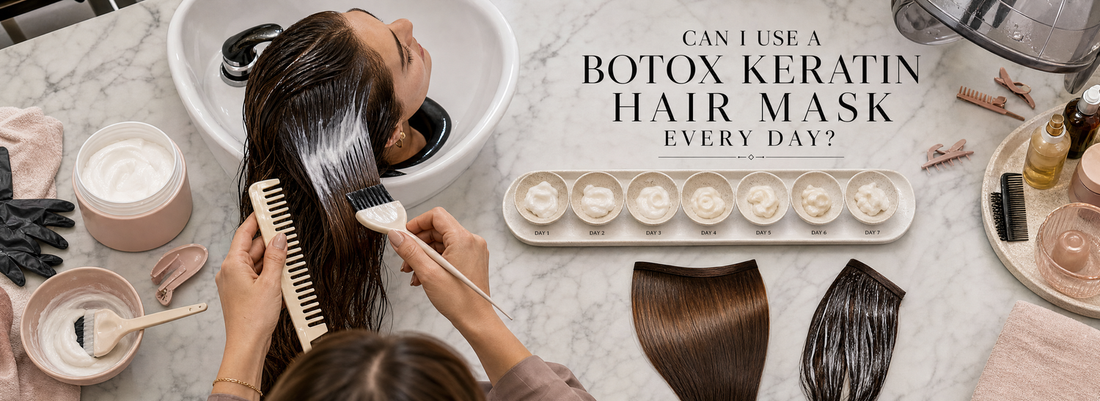 Open jar of creamy hair mask beside a comb, towel, shampoo bottles, and healthy glossy hair in a bright salon setting