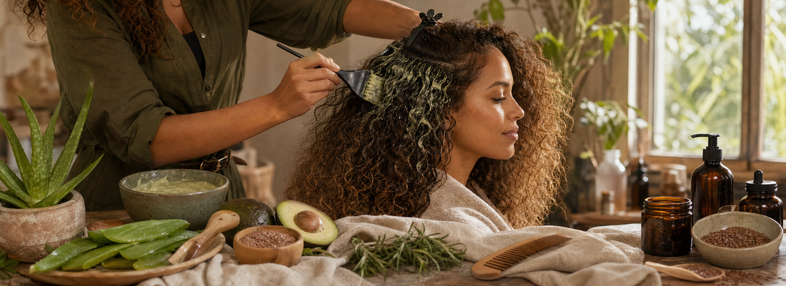 Stylist applying a conditioning treatment to sectioned frizzy hair beside a bowl, brush, comb, and professional hair care bottles