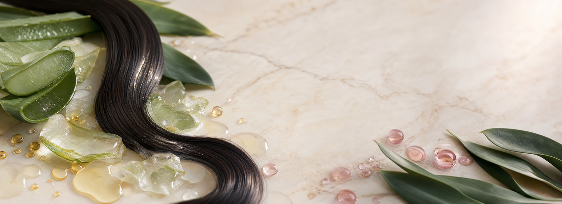 Glossy straight hair beside Make Beauty hair care products
