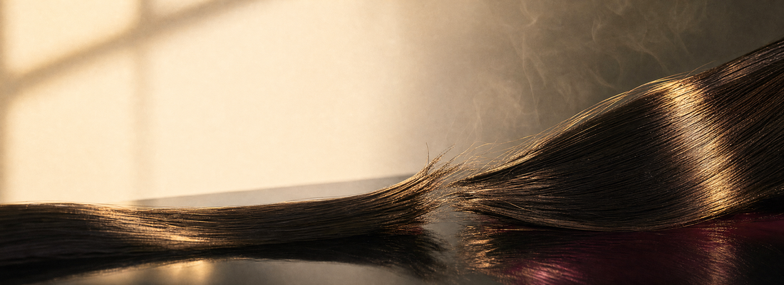 Glossy straight hair beside formaldehyde-free smoothing and hair-care products