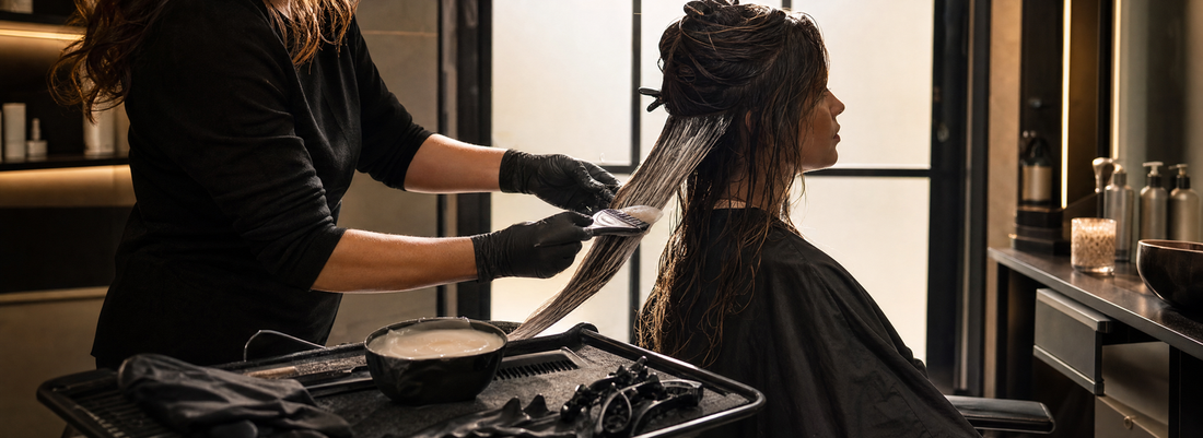 Stylist applying a creamy conditioning treatment to sectioned hair with a tint brush in a professional salon