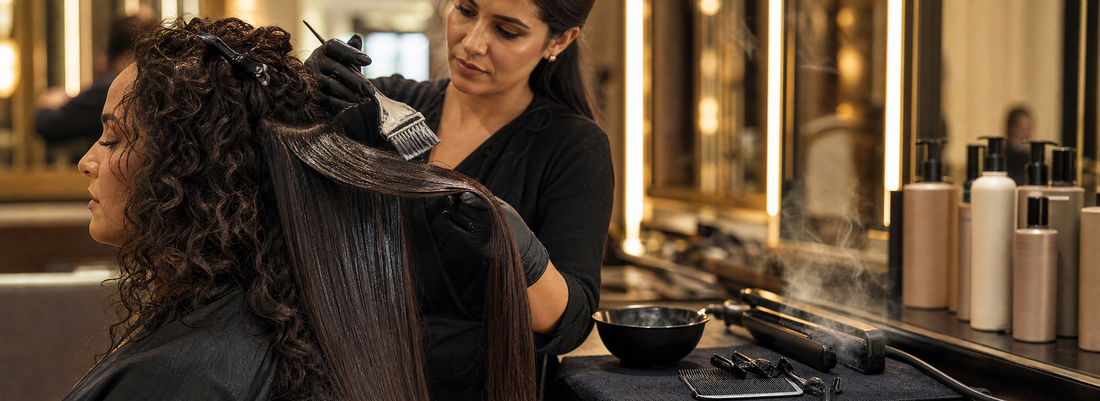Stylist sectioning long brown hair beside a flat iron, brush, treatment bowl, gloves, and professional smoothing products in a bright salon