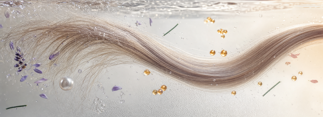Glossy smooth hair beside professional hair Botox and keratin products