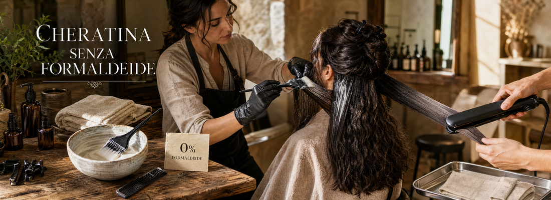 Stylist applying a smoothing treatment to sectioned hair beside bowls, brushes, gloves, and professional hair care products in a ventilated salon