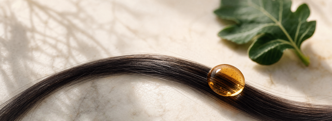 Glossy straight hair beside professional smoothing and hair care products