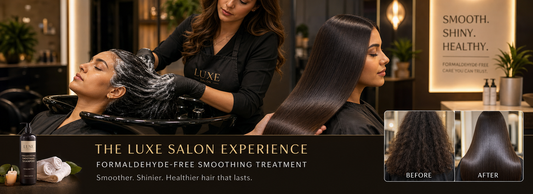 A professional stylist applying Brazilian Keratin Progressiva treatment to a client's hair in a salon setting.