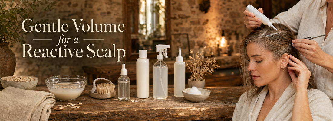 Fragrance-free shampoo, lightweight conditioner, hair mask and wide-tooth comb arranged beside fine hair strands on a clean salon surface