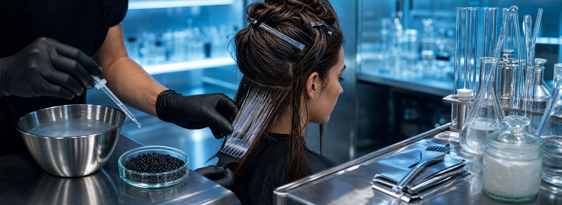 Stylist applying a creamy conditioning treatment to sectioned hair beside a bowl, brush, comb, and professional hair care products