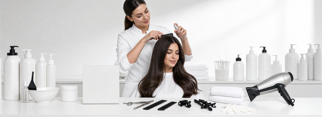 Professional stylist arranging hair treatment bottles, mixing bowls, brushes, gloves, and sectioning tools on a clean salon workstation