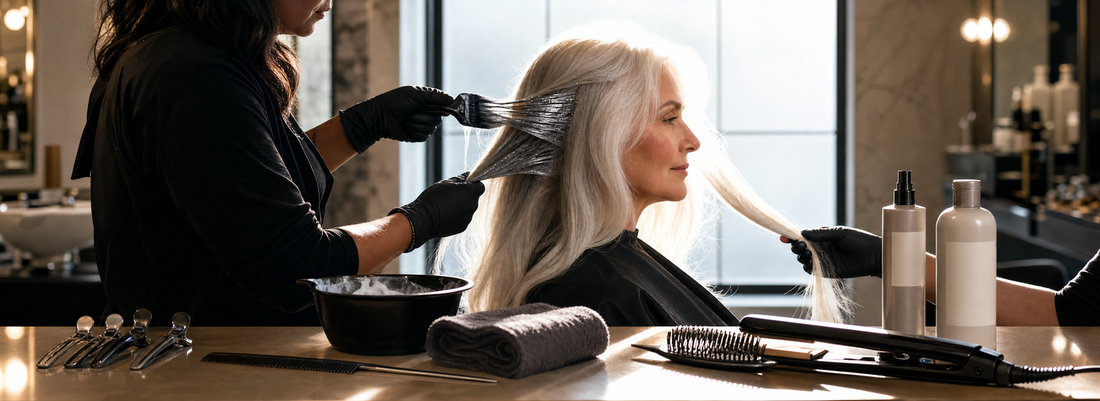 Stylist examining a section of long silver-white hair beside a treatment bowl, tint brush, comb, and professional hair care bottles