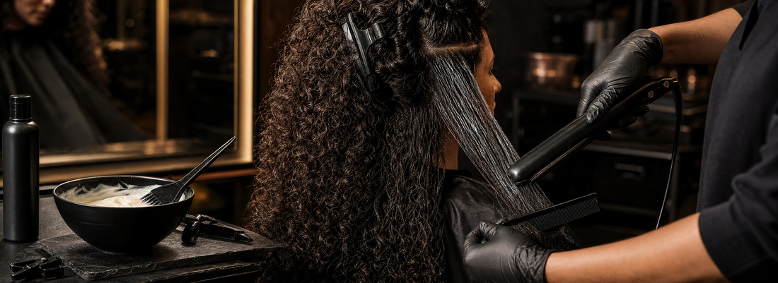 Stylist applying a creamy smoothing treatment to sectioned hair in a professional salon