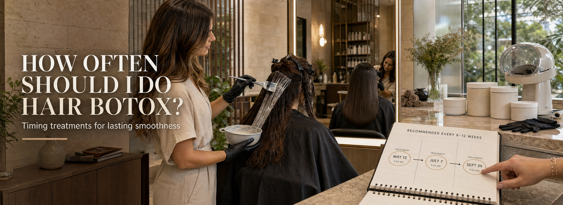Stylist examining a section of long, smooth hair beside bowls, brushes, and professional conditioning products in a bright salon