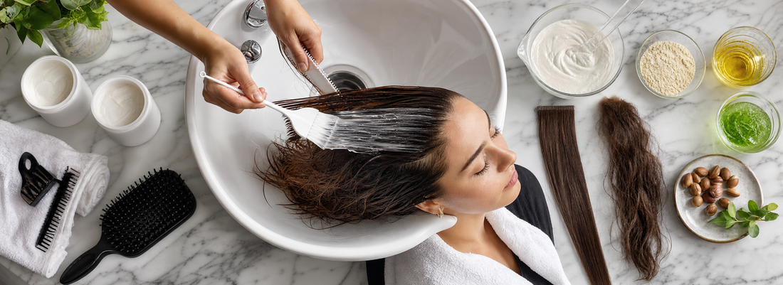Stylist applying a creamy conditioning treatment to sectioned hair with a tint brush in a professional salon