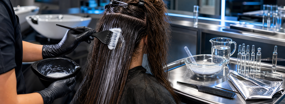 Stylist applying a creamy conditioning treatment to sectioned hair in a bright professional salon