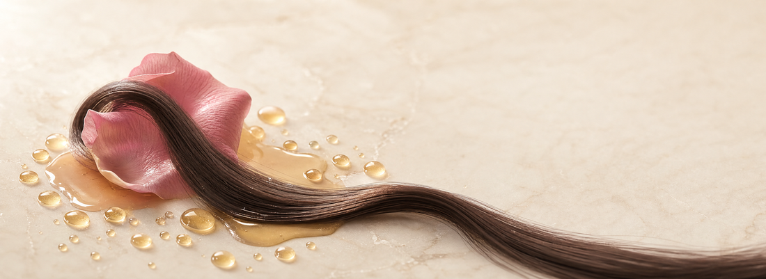 Glossy smooth hair beside bottles of formaldehyde-free smoothing and nourishing hair products