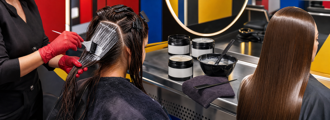 Stylist applying a creamy conditioning treatment to sectioned hair in a bright professional salon