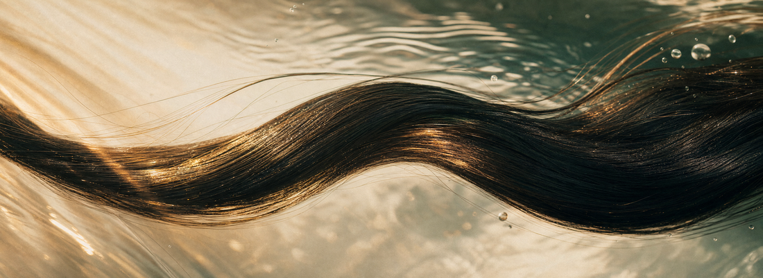 Glossy straight hair beside professional keratin, hair Botox and caviar treatment products