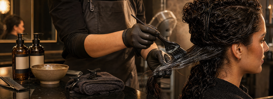 Stylist applying a smoothing treatment to sectioned hair beside a bowl, brush, comb, gloves, and professional hair care bottles