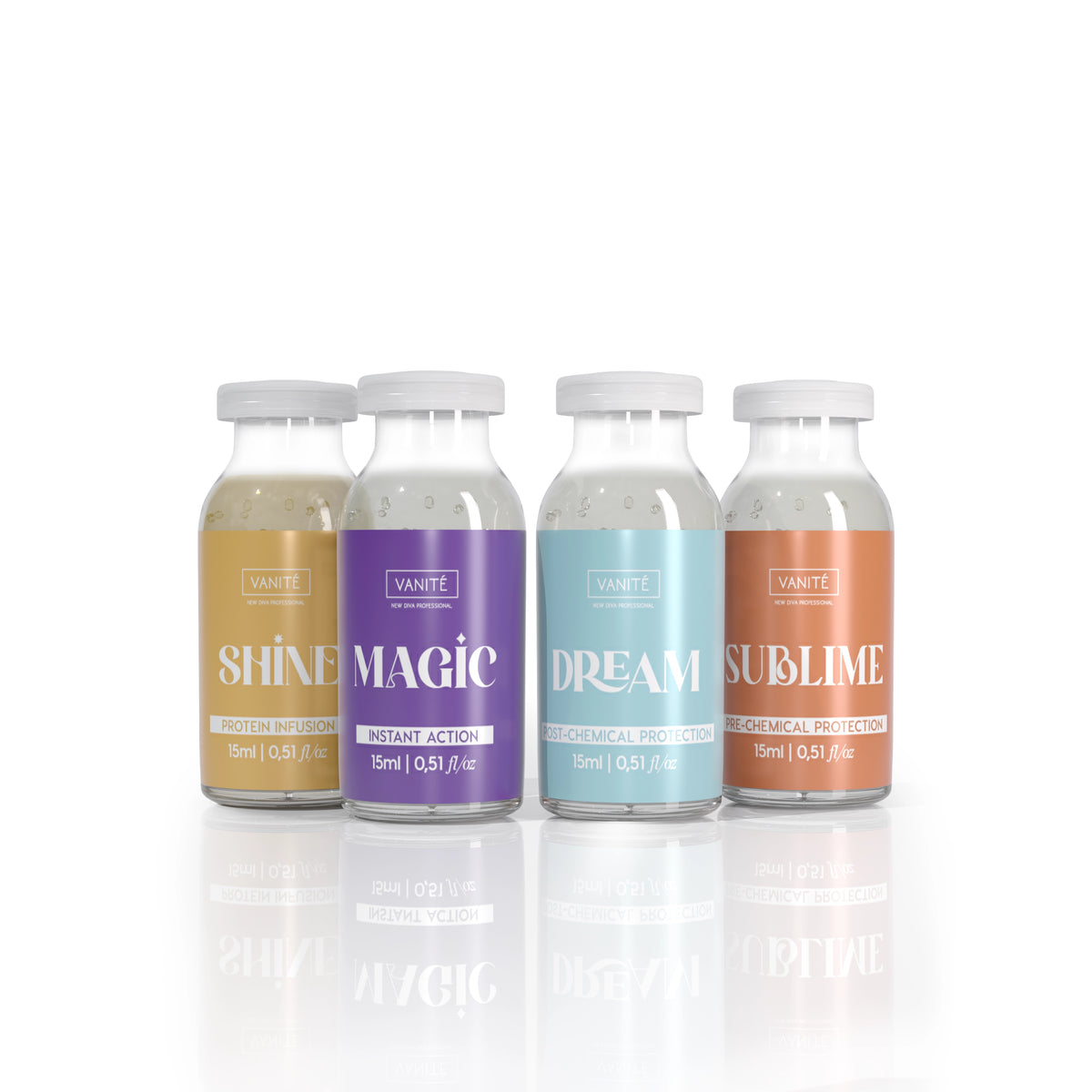 As quatro ampolas do kit Feelings: Shine dourada, Magic roxa, Dream azul e Sublime coral, com 15 ml cada