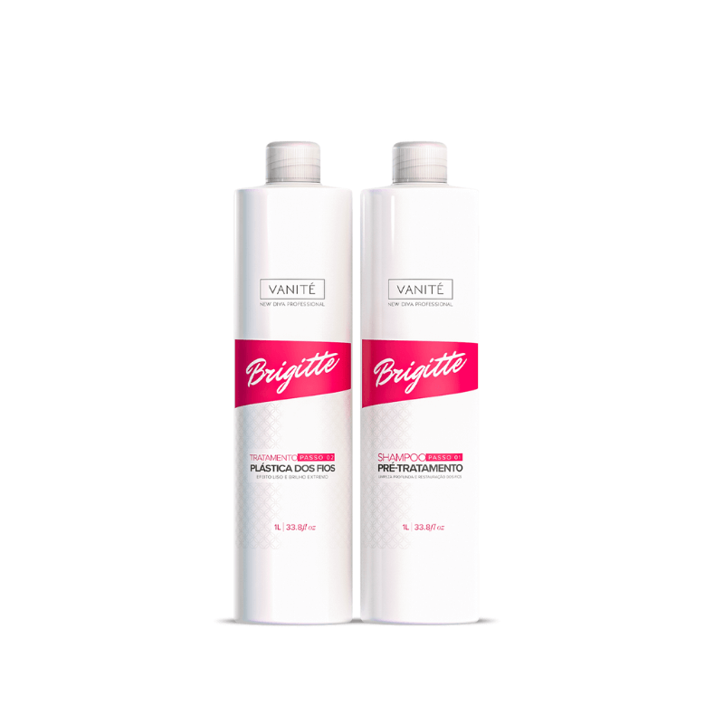 Kit oficial com um Shampoo Pré-Tratamento Brigitte 1000 ml e uma Brigitte Plástica dos Fios 1000 ml