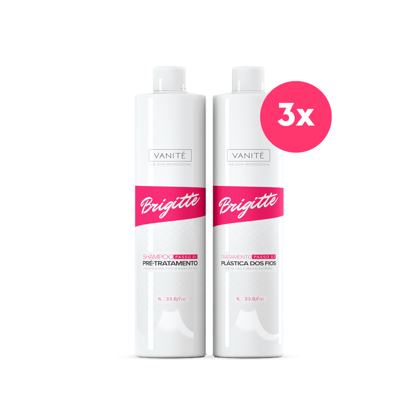 Conjunto oficial com três Shampoos Pré-Tratamento e três Brigitte Plástica dos Fios, todos de 1000 ml