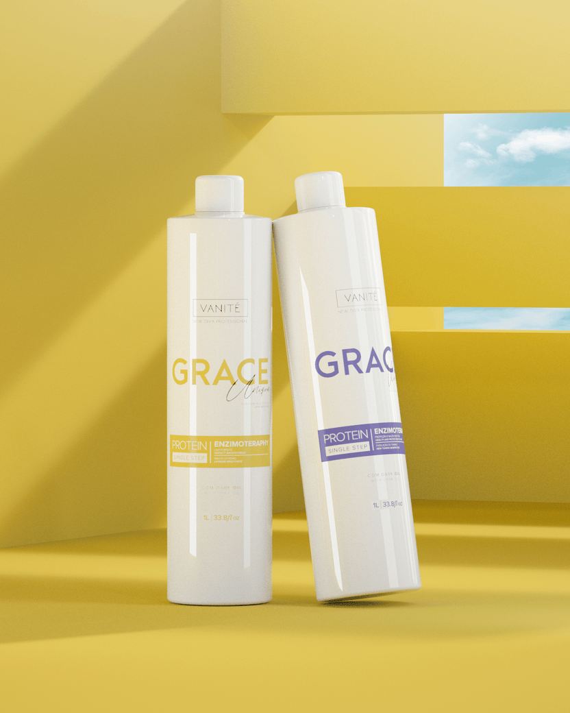 Fotografia oficial de Grace Unique e Grace Violet em frascos de 1 litro no cenário amarelo
