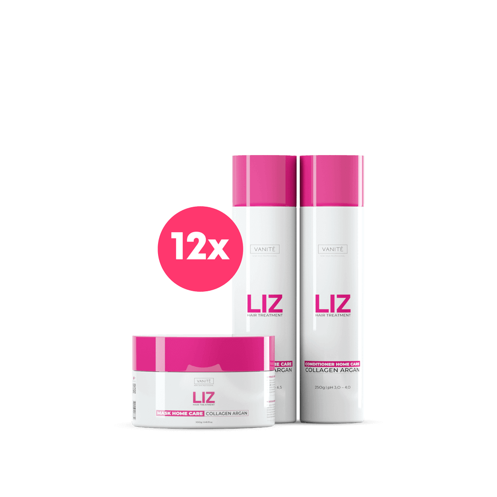 Imagem oficial do pacote de doze kits Liz, com selo 12x sobre shampoo, condicionador e máscara