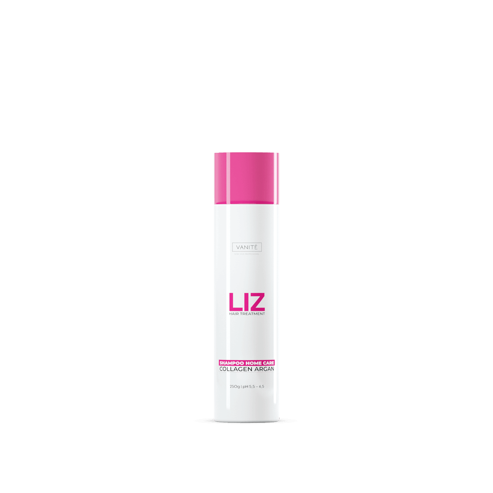 Frasco de Shampoo Home Care Liz, com colágeno e argan, 250 g indicados no rótulo